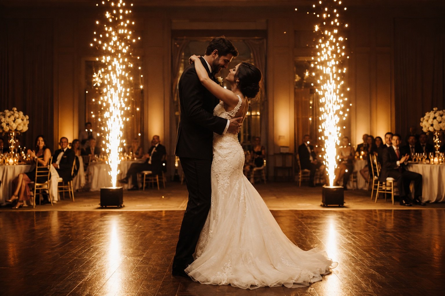 Pareja de recién casados bailando con dos fuentes de chispas detrás.