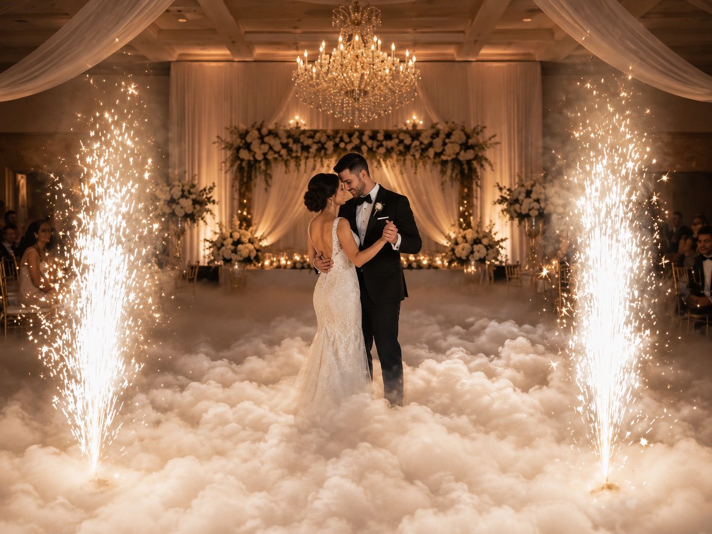 Una pareja baila entre nubes bajas en una recepción de boda.