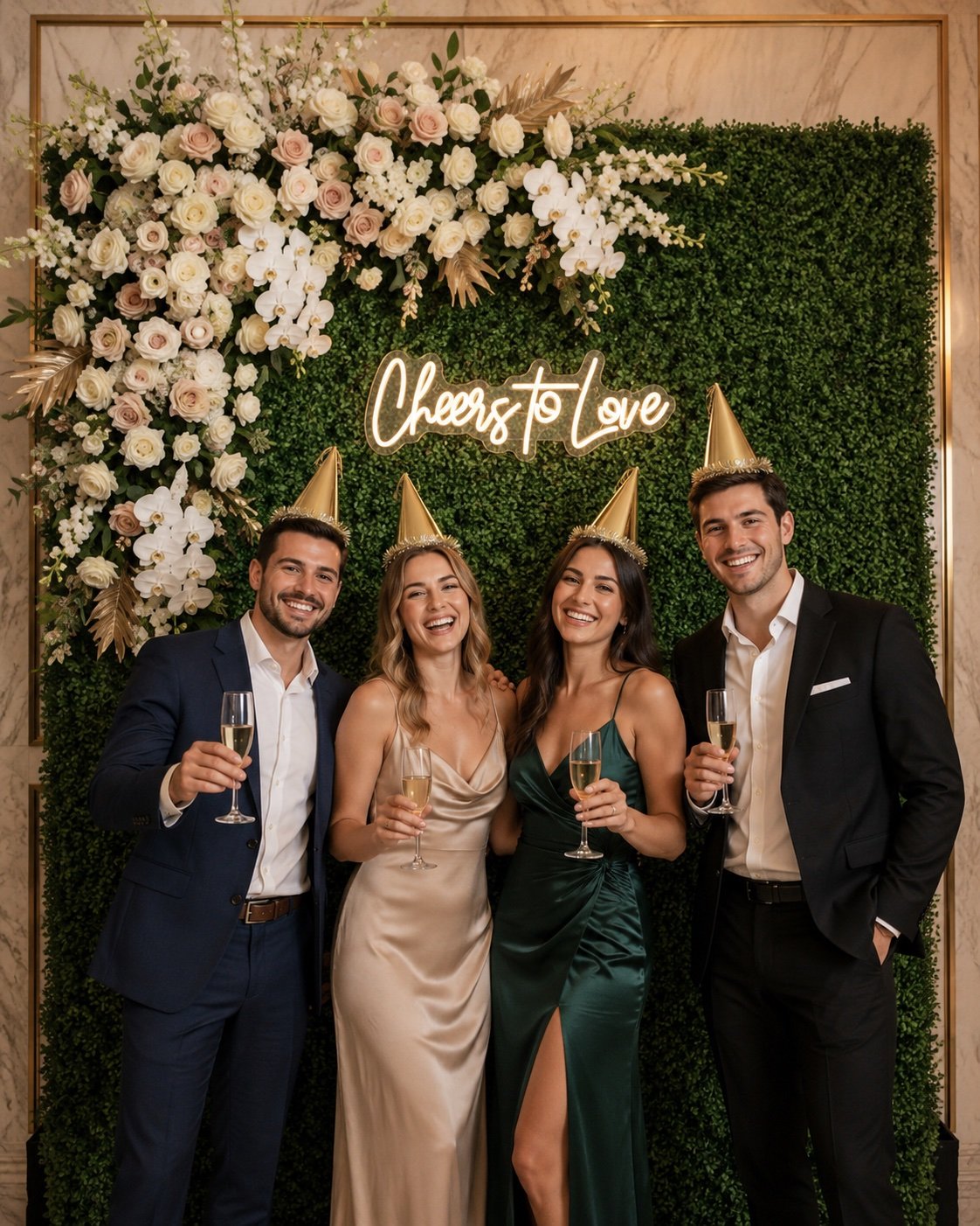 Cuatro invitados posan y sonríen en un Photo Booth decorado con flores.