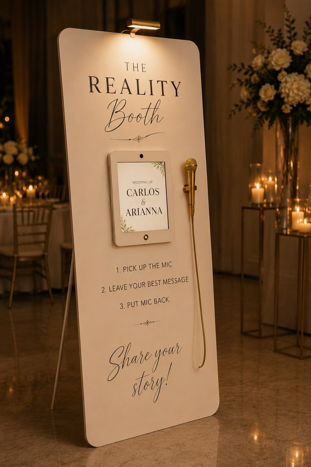 The Reality Booth con pantalla y micrófono para mensajes de los invitados.