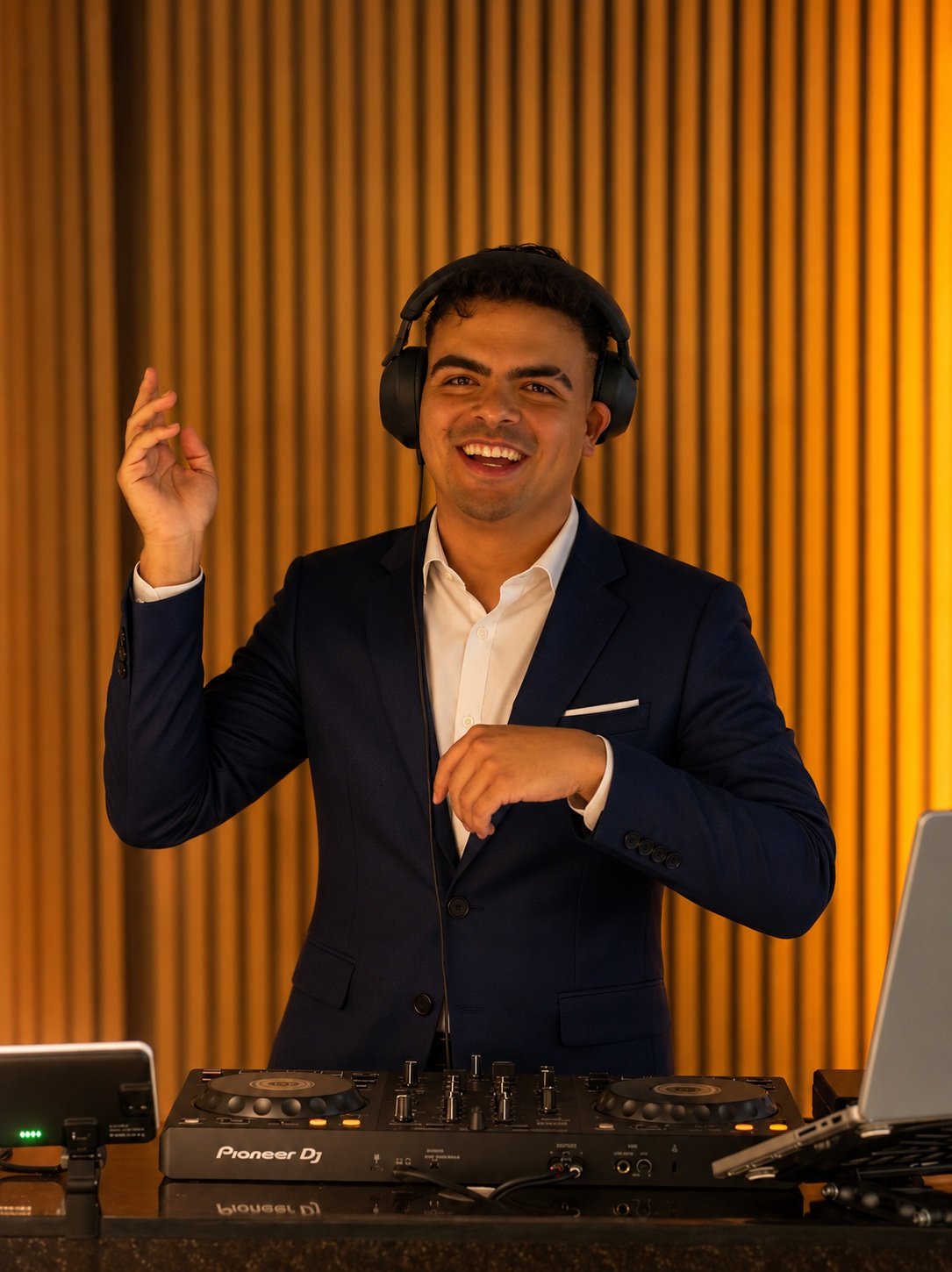 ECHARRY con auriculares detrás de la cabina de DJ.