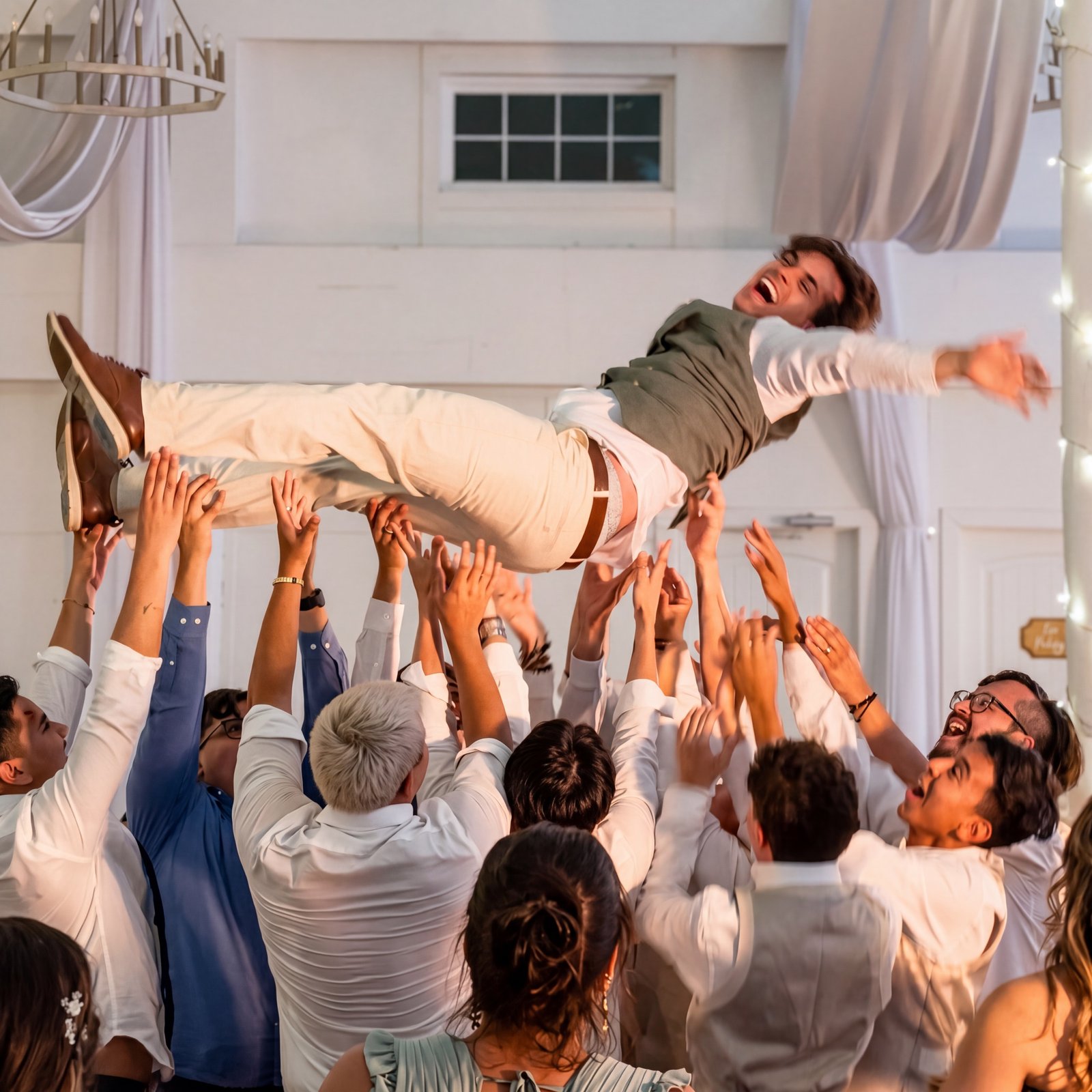 Invitados celebran y levantan a un hombre entre risas durante una boda.